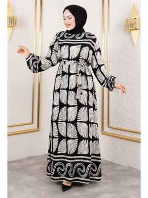 Gri İstiridye Desenli Viskon Elbise