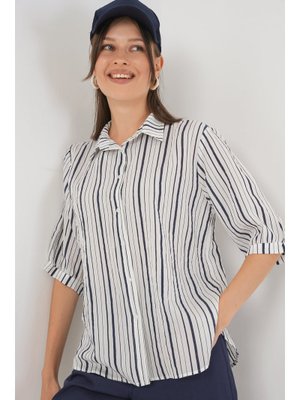 F.lacivert Çizgili Kısa Kol Gömlek F.lacivert Çizgili Kısa Kol Gömlek
