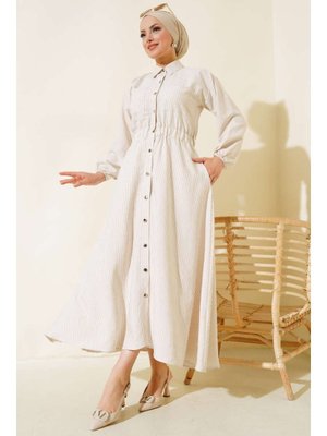 Bej Boydan Metal Düğmeli Çizgili Elbise