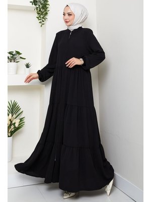 Siyah Kat Detaylı Fermuarlı Ferace