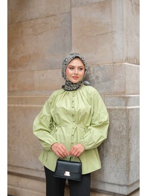 Yeşil Brit Düğme Detaylı Gömlek