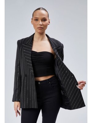 Siyah Taş İşlemeli Regular Vatkalı Blazer Ceket