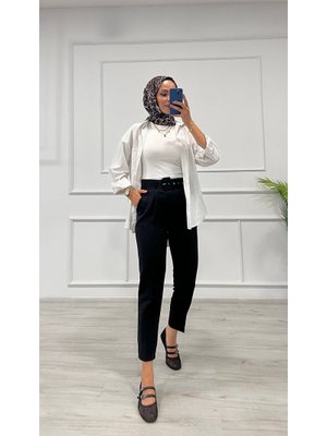 Siyah Dabıl Kumaş Beli Kemerli Havuç Kesim Pantolon