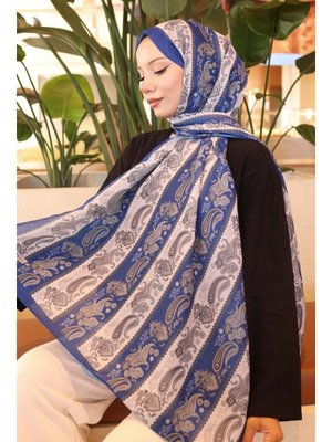 Saks Mavisi Etnik Desenli Şal