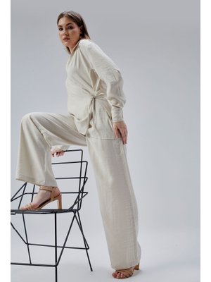 Bej Salaş Kesim Geniş Paça Pantolon