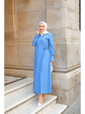 Saks Mavi Poplin Yan Bağlamalı Elbise Saks Mavi Poplin Yan Bağlamalı Elbise