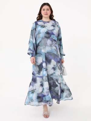 Mavi Soyut Desen Büyük Beden Elbise Mavi Soyut Desen Büyük Beden Elbise