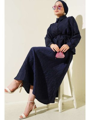 Lacivert Kırışık Dokulu Kuşaklı Etekli Takım