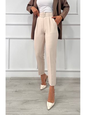 Taş Rengi Dabıl Kumaş Beli Kemerli Havuç Kesim Pantolon