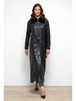 Siyah Yakası Çıkabilen Kürklü Kruvaze Deri Görünümlü Uzun Trençkot