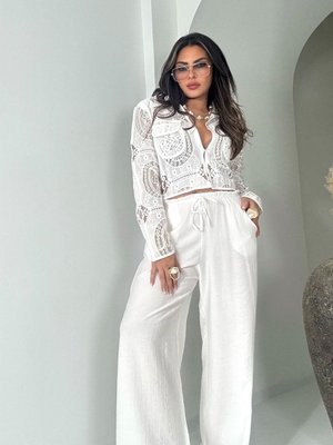 Ekru Büzgü Bel Lastikli Krinkle Pantolon Ekru Büzgü Bel Lastikli Krinkle Pantolon