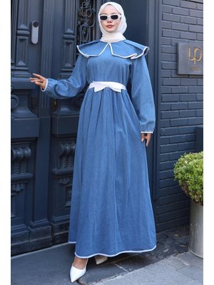 Mavi Biye Detaylı Kuşaklı Bebe Yaka Kot Elbise Mavi Biye Detaylı Kuşaklı Bebe Yaka Kot Elbise