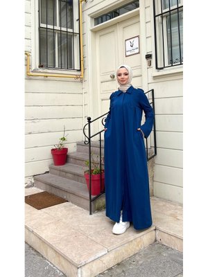 İndigo Yakalı Dirsek Kemer Detaylı Pamuklu Uzun Ferace İndigo Yakalı Dirsek Kemer Detaylı Pamuklu Uzun Ferace