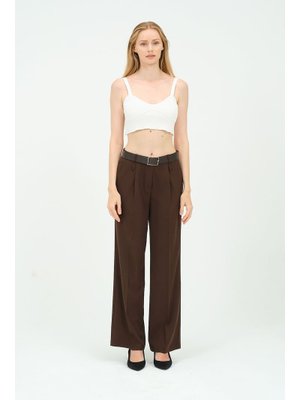 Kahverengi Geniş Paça Kemerli Dokuma Pantolon