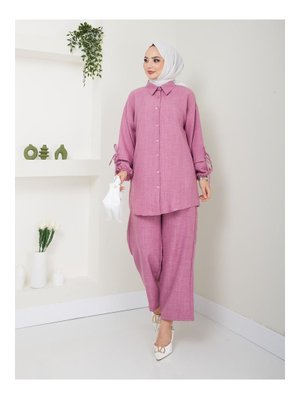 Pudra Düğmeli Keten İkili Takım