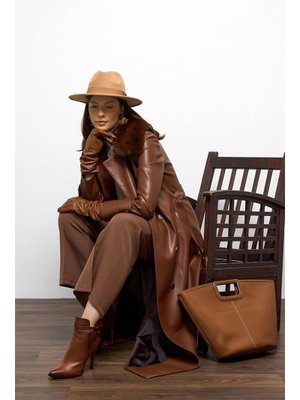 Taba Yakası Çıkabilen Kürklü Kruvaze Deri Görünümlü Uzun Trençkot