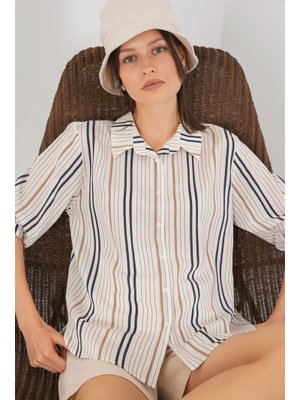 Bej Çizgili Kısa Kol Gömlek Bej Çizgili Kısa Kol Gömlek