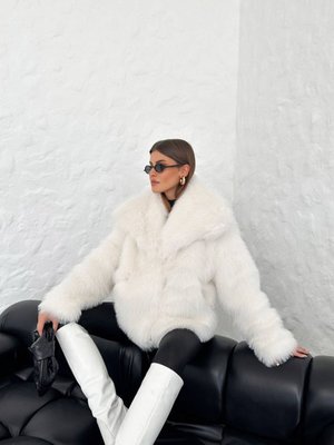 Ekru Oversize Kruvaze Yaka Kürk Mont