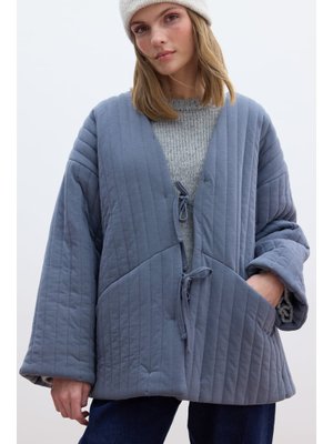 İndigo Kapitone Bağlamalı Mont