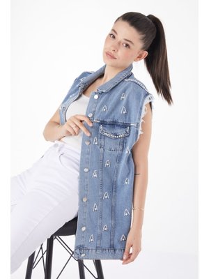 Mavi Mavı Taşlı Kot Yelek