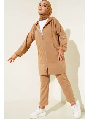 Bej Kapüşonlu Fermuarlı İkili Takım