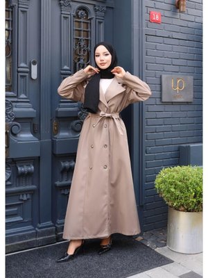 Kuşaklı Çift Düğmeli Astarlı Bondit Bej Trençkot