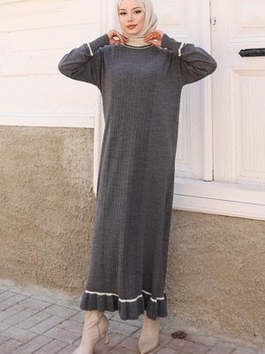 Gri Manşeti Taş Detaylı Triko Elbise