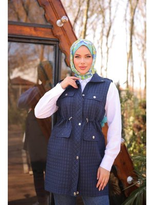 Lacivert Belden Lastikli Çıtçıtlı Dört Cepli Kapitone Yelek 46)