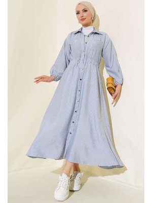 İndigo Boydan Metal Düğmeli Çizgili Elbise