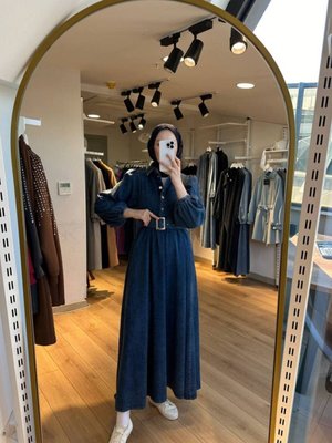 Lacivert Kemeri Tokalı Prenses Kollu Testtür Kot Elbise