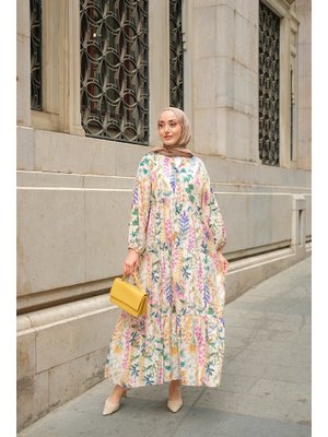 Krem Yaprak Desenli Elbise Krem Yaprak Desenli Elbise