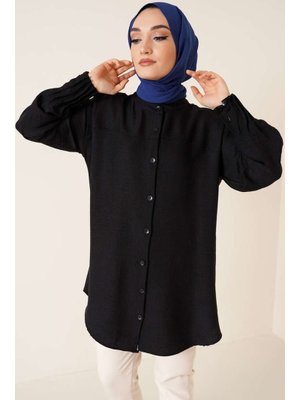 Siyah Nervür Detaylı Salaş Gömlek Siyah Nervür Detaylı Salaş Gömlek