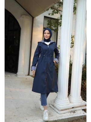 Lacivert Kapüşonlu Fermuarlı Belden Lastikli Bondit Kap 46)