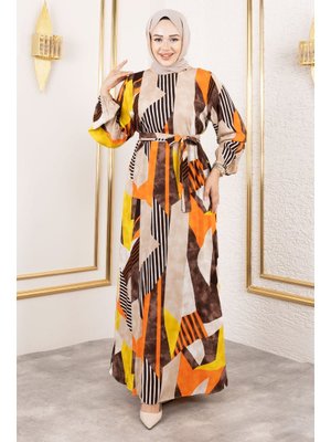 Turuncu Geometrik Desenli Beli Kuşaklı Viskon Elbise