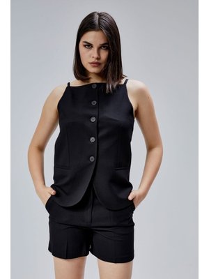 Siyah Regular Fit Astarlı Askılı Yelek