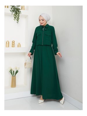 Fermuarlı Yaka Kemer Detaylı Etekli Takım Zümrüt Fermuarlı Yaka Kemer Detaylı Etekli Takım Zümrüt