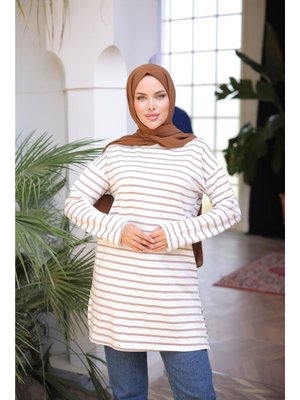 Vizon O Yaka Yatay Çizgili Uzun Kollu Kısa Yırtmaçlı Tunik 46) Vizon O Yaka Yatay Çizgili Uzun Kollu Kısa Yırtmaçlı Tunik 46)