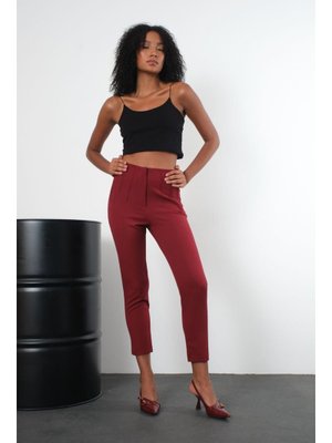 Bordo Yüksek Bel Dar Paça Dokuma Pantolon