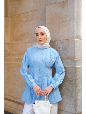 Mavi Beli Nervurlu Poplin Gömlek