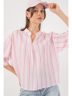 Pudra Çizgili Oversize Bluz Pudra Çizgili Oversize Bluz