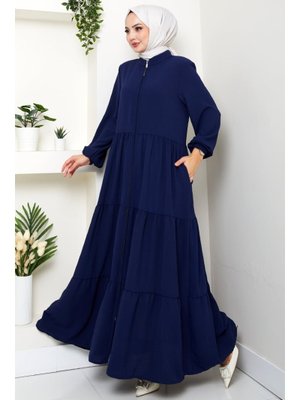 Lacivert Kat Detaylı Fermuarlı Ferace