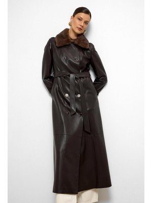Yakası Çıkabilen Kürklü Kruvaze Deri Görünümlü Uzun Trençkot K. Kahve
