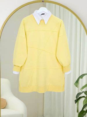 Sarı Yuvarlak Yaka Çimalı Yırtmaçlı Salaş Penye Tunik