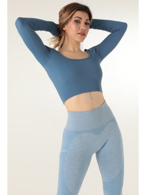 Seamless Straplez Uzun Kollu Fitilli Büstiyer İndigo