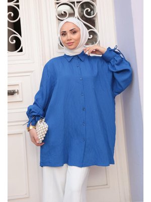 Kol Baglamalı Gomlek Saks Mavi