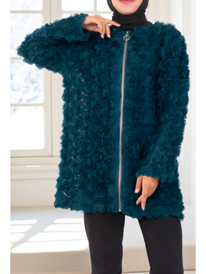 Zümrüt Önü Fermuarlı Gül Detaylı Tül Kap