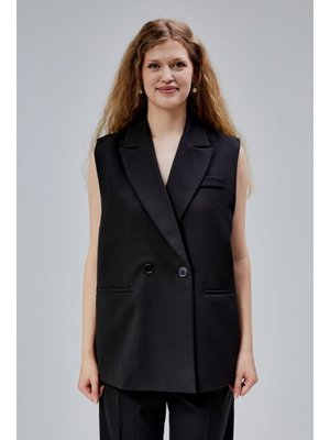 Siyah Oversize Kruvaze Yaka Astarlı Yelek