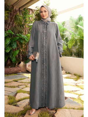 Gri Denim Fırfırlı Ferace