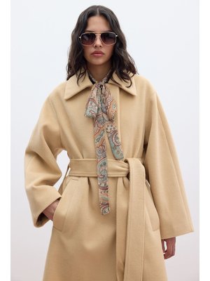 Camel Düz Kapamalı Kaşe Kaban