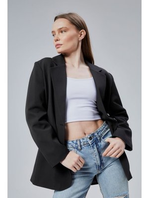 Siyah Oversize Düz Kesim Astarlı Dokuma Blazer Ceket